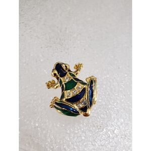 STUNNING Whimsical Frog Brooch Gold‎ Tone Blue & Green Enamel w Rhinestones